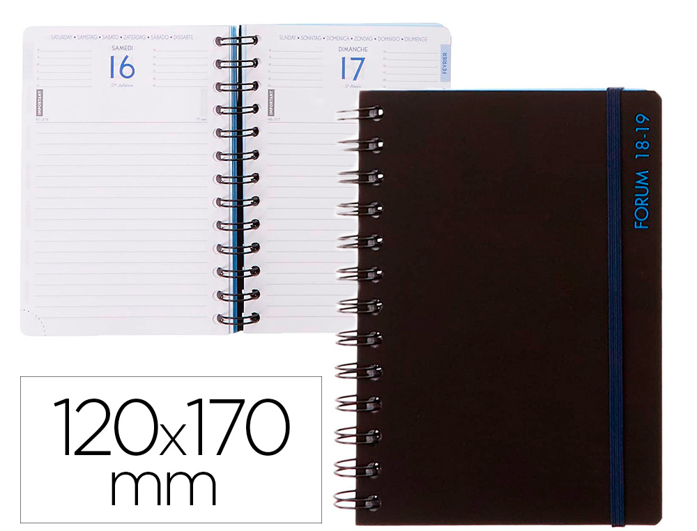 AGENDA EXACOMPTA JOUR/PAGE FORUM BLACK & COLOR SPIRALE   POLYPRO FERMETURE A ELASTIQUE 120X170MM