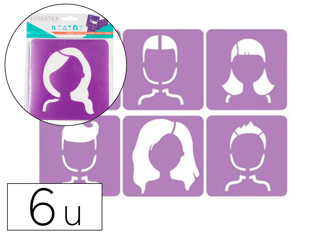 POCHOIRS SODERTEX LES VISAGES EN PLASTIQUE INCASSABLE 5MM   140X140MM 6 PCS COLORIS       ASSORTI