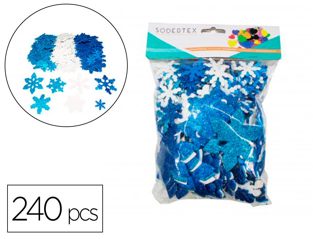 FLOCONS DE NEIGE SODERTEX EN MOUSSE EVA PAILLETEE 2MM 3    TAILLES 240 PCS 3 COLORIS     ASSORTIS