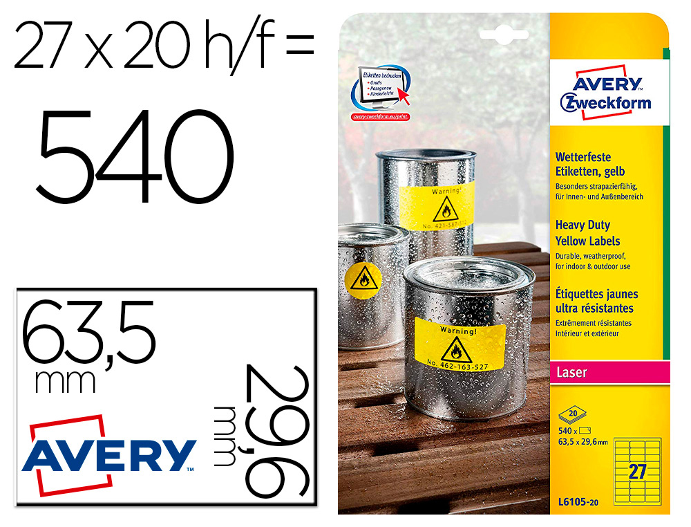 TIQUETTE ADHSIVE AVERY PERMANENTE POLYESTER ULTRA-RSISTANT WATERPROOF UV IDAL EXTRIEUR 63,5X29,6MM 540 UNITS JAUNE