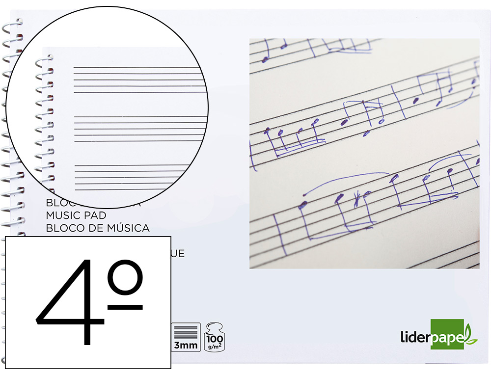 CAHIER MUSIQUE LIDERPAPEL PORTEE 3MM CUARTO 20 FEUILLES 100GR