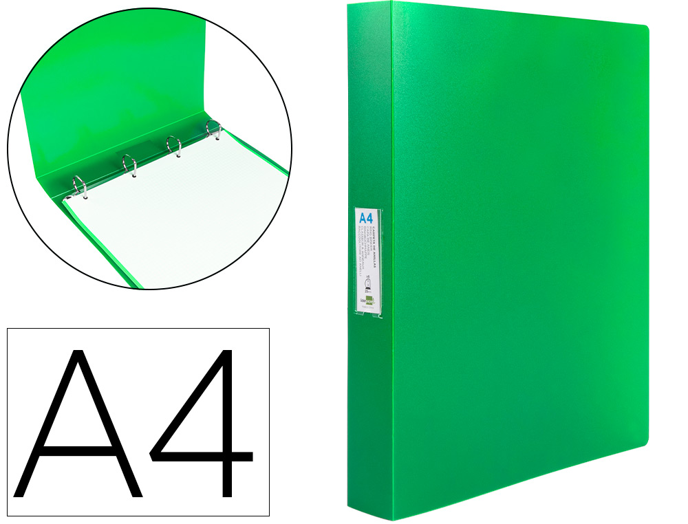 CLASSEUR LIDERPAPEL 4 ANNEAUX 25MM A4 260X315MM POLYPROPYLENE DOS 40MM PORTE-CARTES VISITE COLORIS VERT
