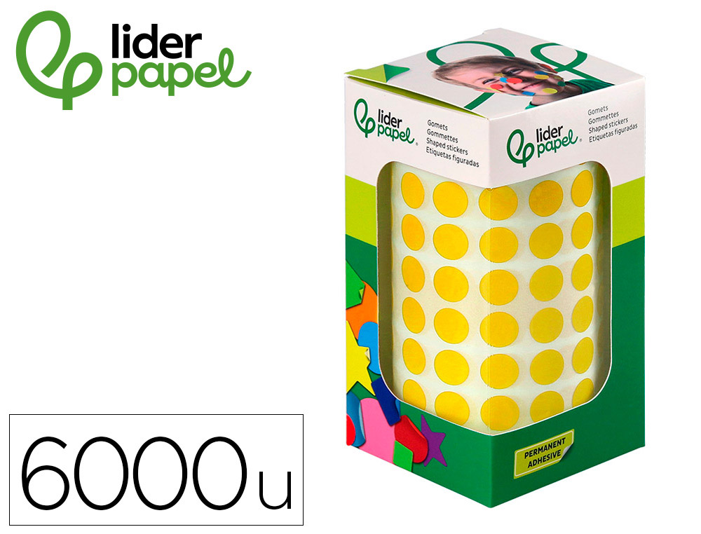 PASTILLE ADHESIVE LIDERPAPEL DIAMETRE 10,5MM COLORIS JAUNE ROULEAU 6000 UNITES BOITE     CARTON