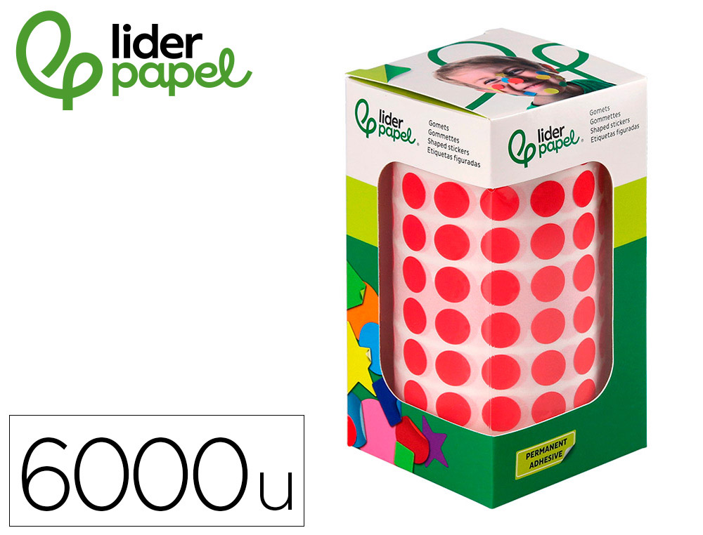 PASTILLE ADHESIVE LIDERPAPEL DIAMETRE 10,5MM COLORIS ROUGE ROULEAU 6000 UNITES BOITE     CARTON