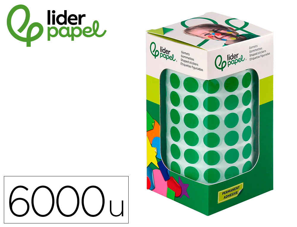 PASTILLE ADHESIVE LIDERPAPEL DIAMETRE 10,5MM COLORIS VERT  ROULEAU 6000 UNITES BOITE     CARTON