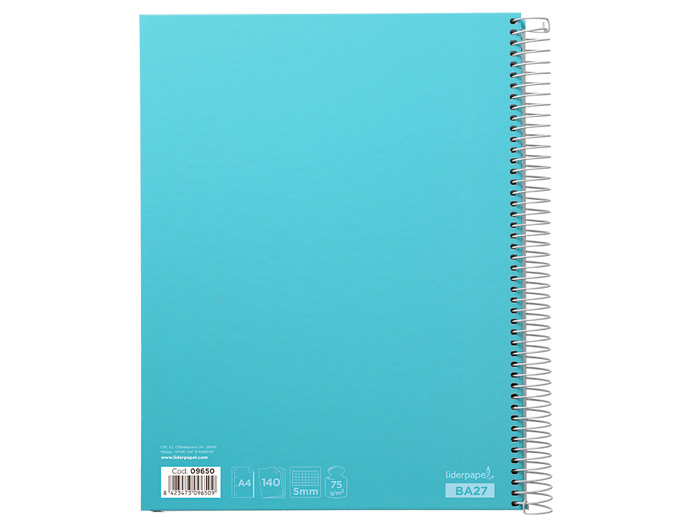 CAHIER SPIRALE LIDERPAPEL JOLLY COUVERTURE CONTRECOLLE A4 280P 75G/M2 5X5MM MICROPERFOR 4 TROUS COLORIS BLEU CIEL