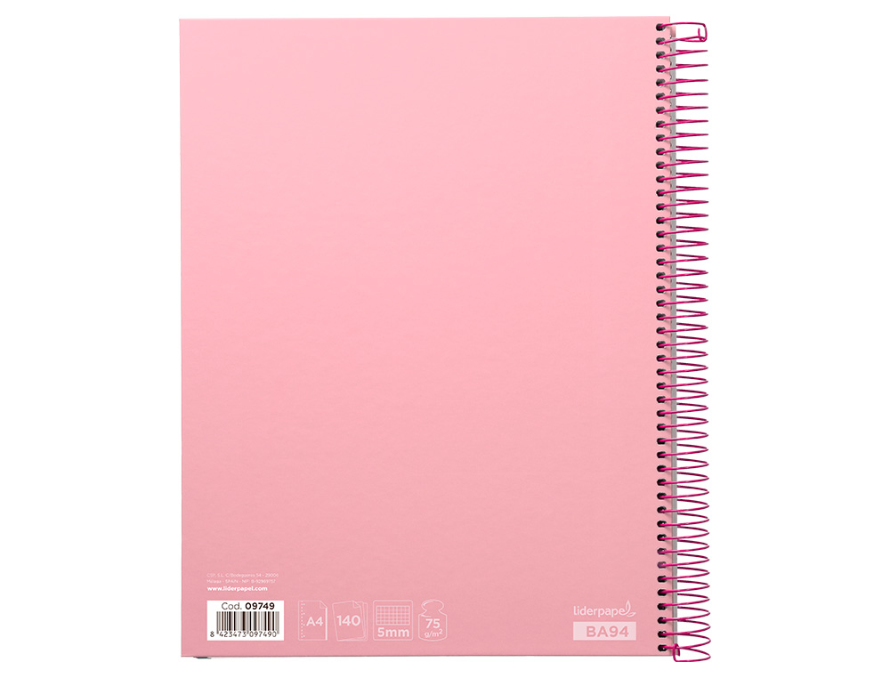 CAHIER SPIRALE LIDERPAPE JOLLYCOUVERTURE CONTRECOLLE A4 280P 75G/M2 5X5MM MICROPERFOR 4 TROUS COLORIS ROSE