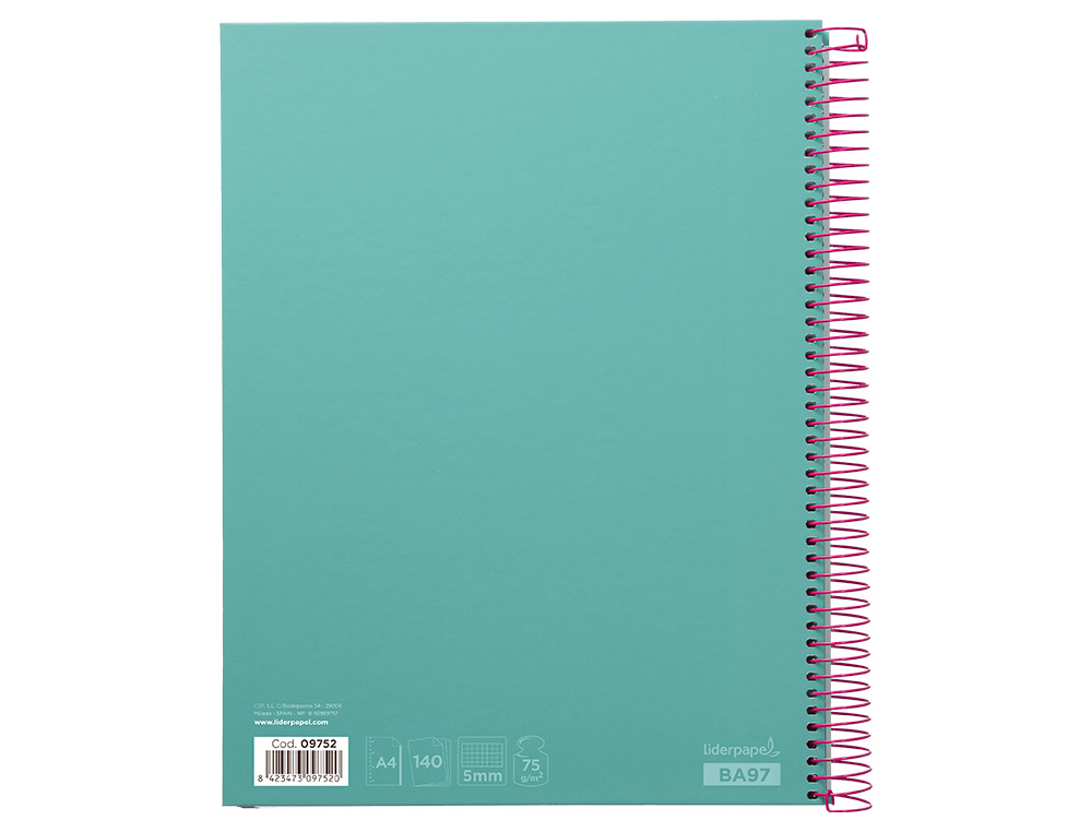 CAHIER SPIRALE LIDERPAPEL JOLLY COUVERTURE CONTRECOLLE A4 280P 75G/M2 5X5MM MICROPERFOR 4 TROUS COLORIS TURQUOISE