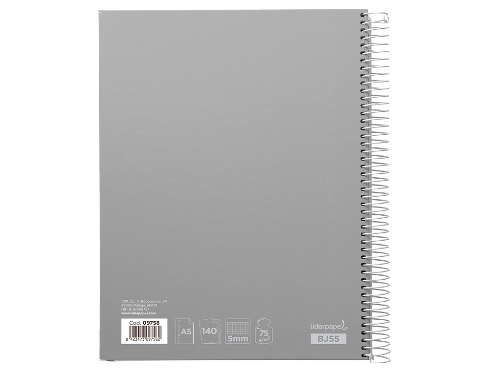 CAHIER SPIRALE LIDERPAPEL JOLLY COUVERTURE CONTRECOLLE A5 280P 75G/M2 5X5MM MICROPERFOR 6 TROUS COLORIS ASSORTIS