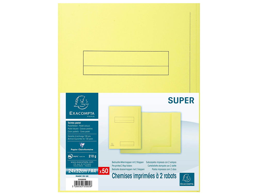 CHEMISE EXACOMPTA SUPER CARTE SEMI RIGIDE 240X320MM 210G IMPRIME 2 RABATS COLORIS CANARI LOT 50 UNITS