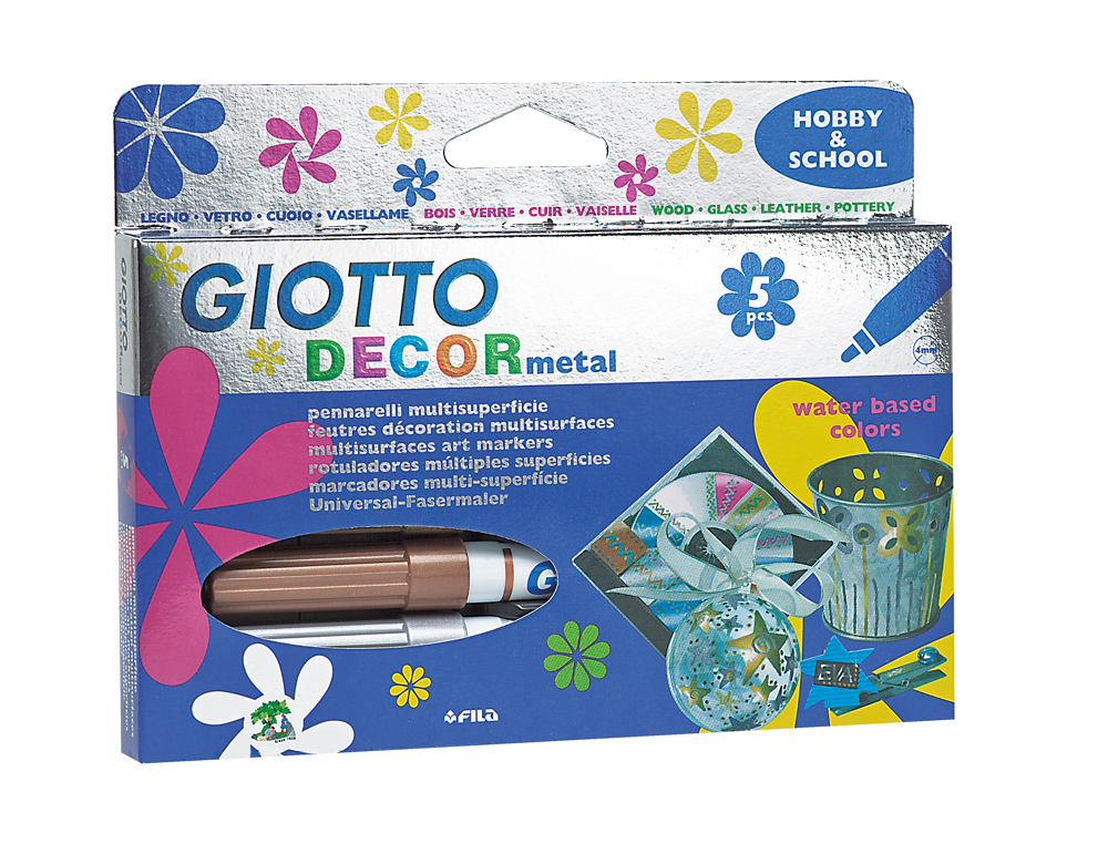 FEUTRE COLORIAGE GIOTTO DÉCOR MÉTAL POINTE BLOQUÉE 4 MM INODORE ENCRE BASE EAU COLORIS ASSORTIS ÉTUI 5 UNITÉS