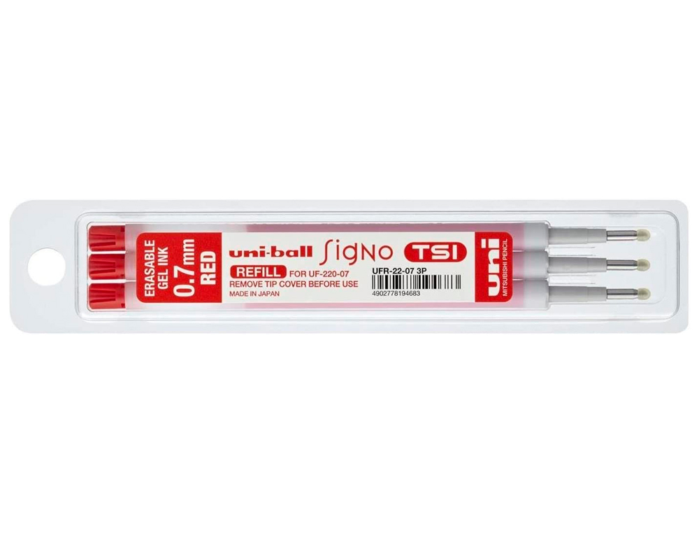 RECHARGE UNIBALL ROLLER SIGNO TSI ENCRE GEL EFFAABLE POINTE MOYENNE TRAC 0.7MM COLORIS ROUGE SET 3 UNITS