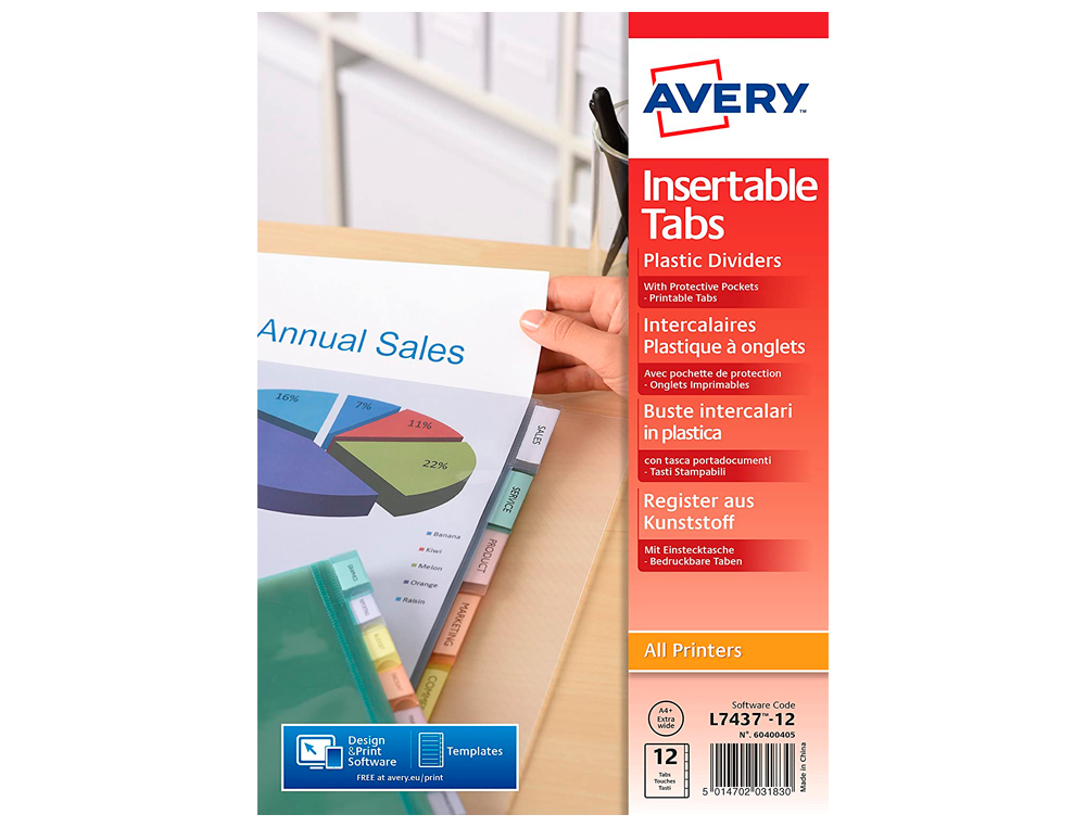 POCHETTE INTERCALAIRE AVERY PP 180 MICRONS 12 TOUCHES ULTRA-RSISTANTES ONGLET PERSONNALISABLE COLORIS TRANSPARENT