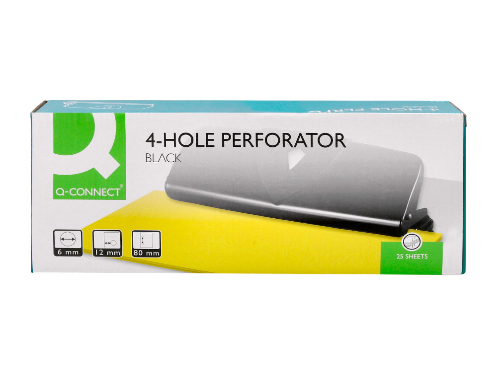 PERFORATEUR Q-CONNECT MÉTAL ET PLASTIQUE CAPACITÉ PERFORATION 16F 4 TROUS COLORIS NOIR 280X110MM