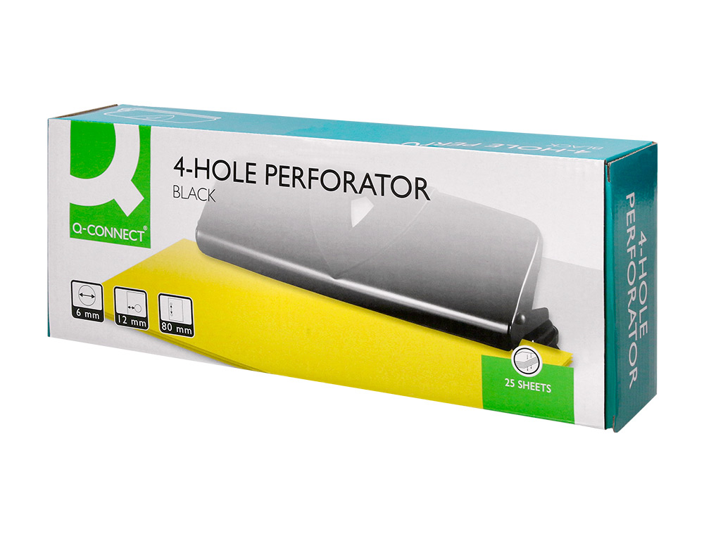 PERFORATEUR Q-CONNECT MÉTAL ET PLASTIQUE CAPACITÉ PERFORATION 16F 4 TROUS COLORIS NOIR 280X110MM