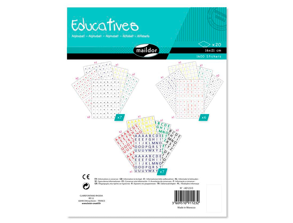 GOMMETTE DUCATIVE MAILDOR ALPHABET COLORIS ROUGE BLEU VERT JAUNE NOIR 6 PLANCHES 1600 UNITS