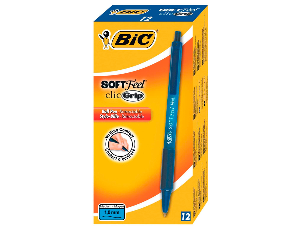 STYLO-BILLE BIC SOFT FEEL POINTE MOYENNE 1MM RTRACTABLE CLIP GRIP CORPS CAOUTCHOUC COULEUR BLEU