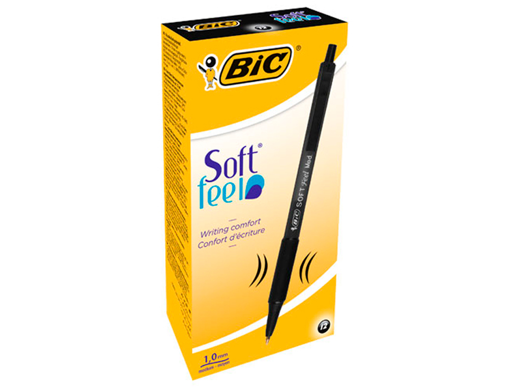 STYLO-BILLE BIC SOFT FEEL POINTE MOYENNE 1MM RTRACTABLE CLIP GRIP CORPS CAOUTCHOUC COULEUR NOIR