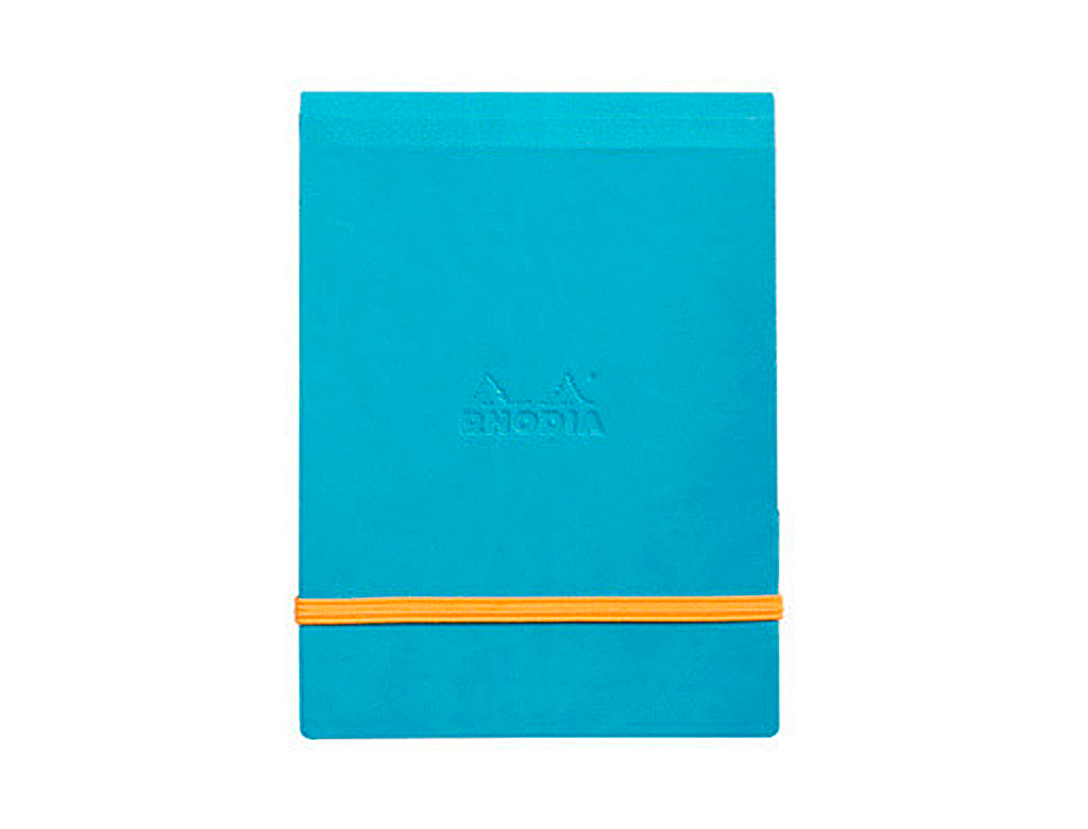 POCHETTE RHODIARAMA WEBPOCKET A6 9X14CM COUVERTURE SIMILI CUIR TURQUOISE INTRIEUR IMPRIM FERMETURE LASTIQUE ORANGE