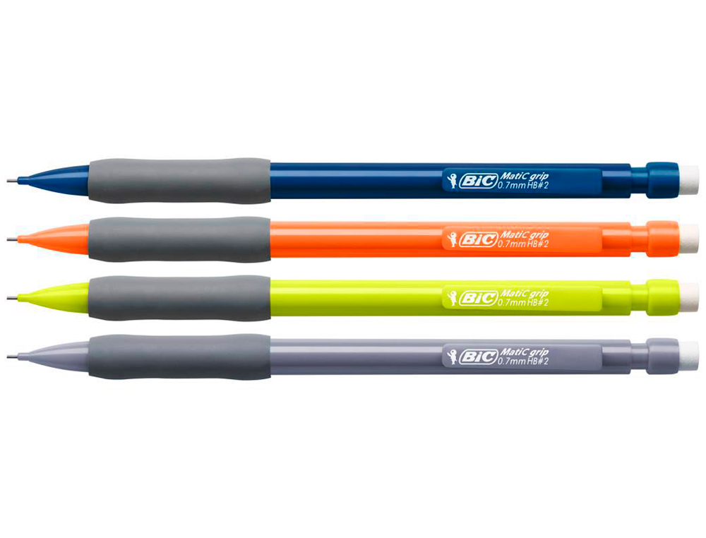 PORTE-MINE BIC MATIC GRIP 0.7MM EMBOUT GOMME CORPS PLASTIQUE NOIR AGRAFE COLORÉE GRIP CAOUTCHOUC 3 MINES HB