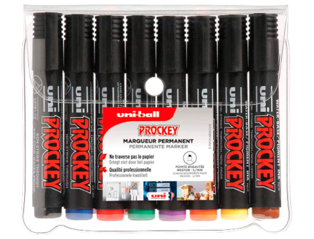 MARQUEUR UNIBALL UNI PROCKEY PERMANENT POINTE OGIVE TRACÉ 1.8MM ENCRE SANS ALCOOL CORPS PLASTIQUE POCHETTE 8 UNITÉS