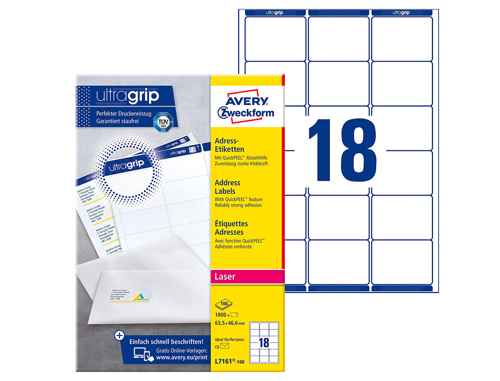 TIQUETTE ADHSIVE AVERY LASER COLOGIQUE ENVELOPPES CLASSIQUES 63.5X46.6MM BOTE 1800 UNITS