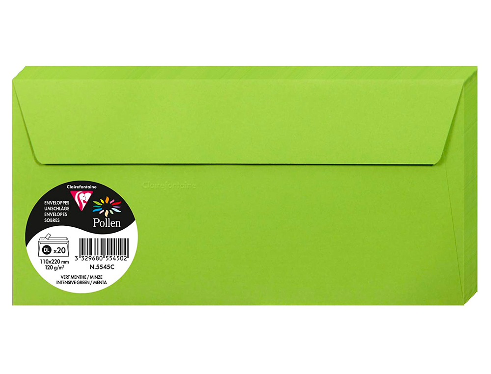 ENVELOPPE CLAIREFONTAINE POLLEN DL 110X220MM 120G COLORIS VERT MENTHE PAQUET 20 UNITS