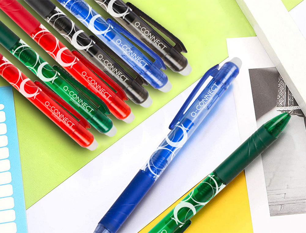 ROLLER Q-CONNECT ÉCRITURE MOYENNE 0.7MM ENCRE EFFAÇABLE GRIP PRÉHENSION GOMME SERTIE COLORIS VERT