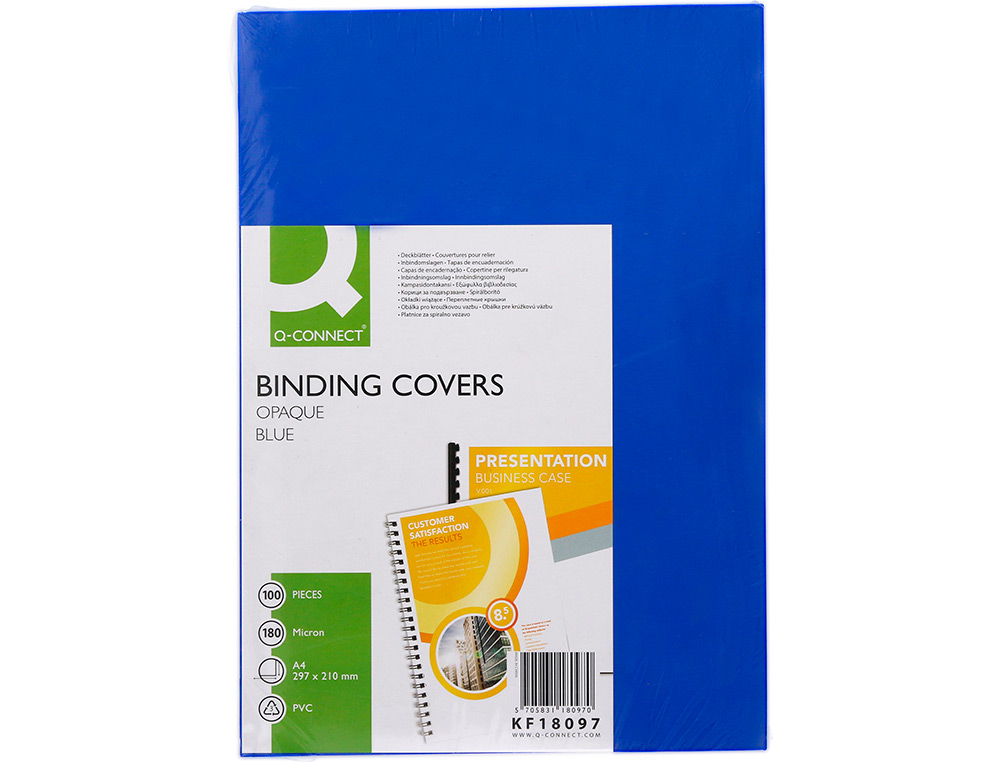 PLAT COUVERTURE Q-CONNECT PVC 180 MICRONS A4 RELIEURS SPIRALES PEIGNES ANNEAUX COLORIS BLEU BOÎTE 100 UNITÉS