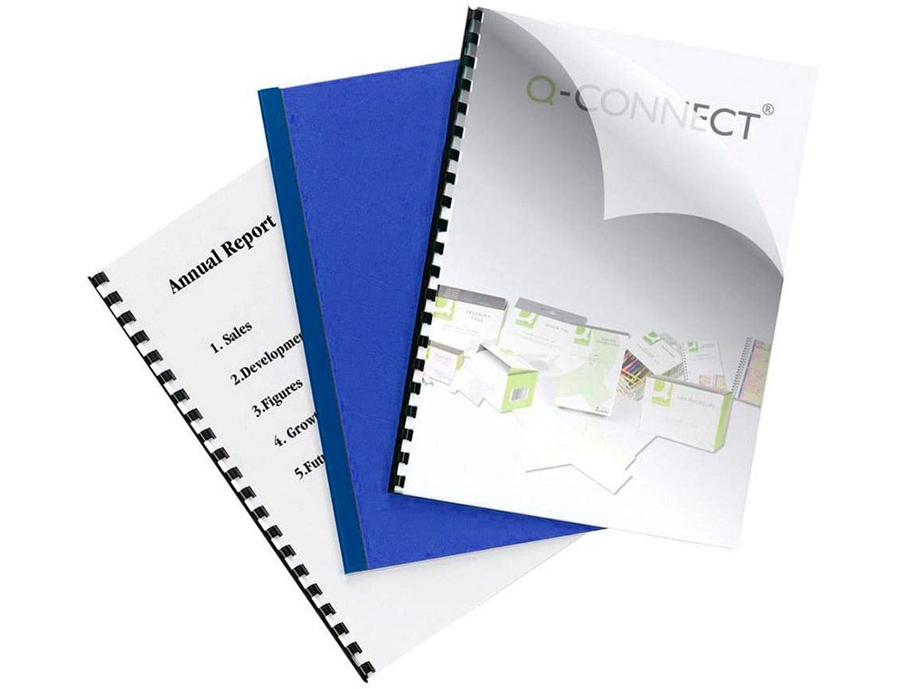 PLAT COUVERTURE Q-CONNECT PVC 180 MICRONS A4 RELIEURS SPIRALES PEIGNES ANNEAUX COLORIS BLEU BOÎTE 100 UNITÉS
