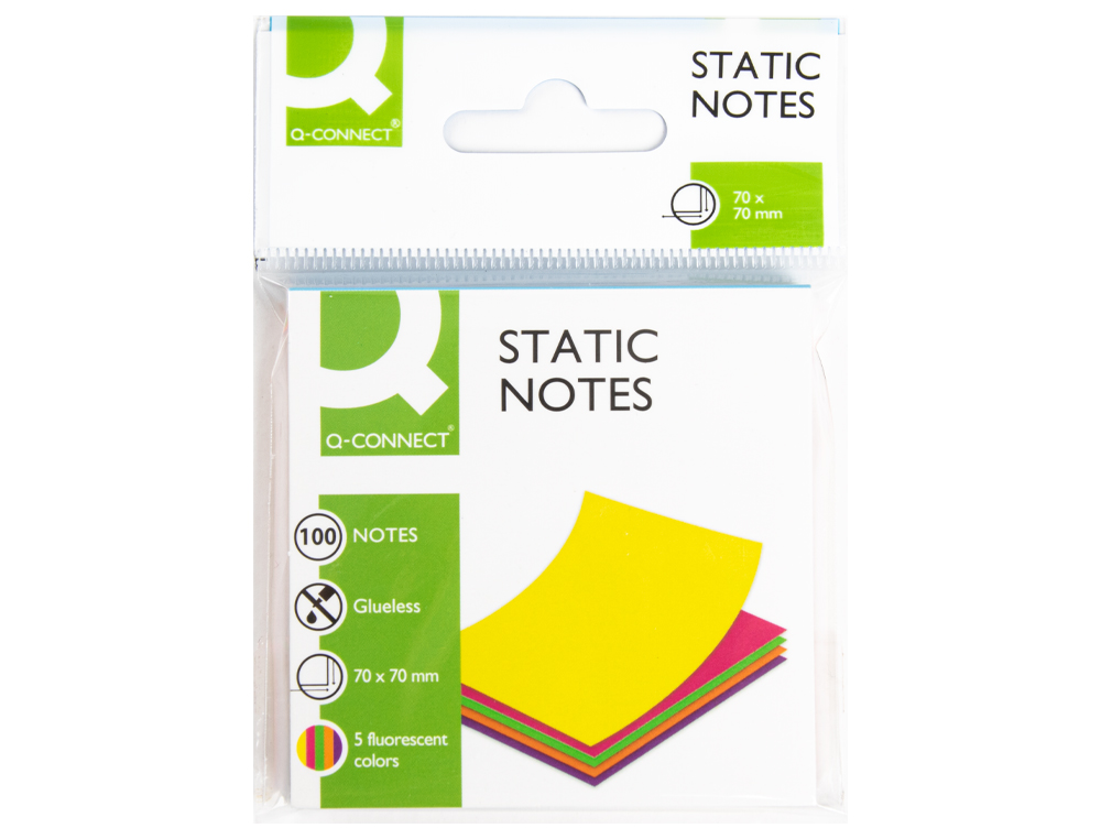 BLOC NOTES Q-CONNECT QUICK NOTES 70X70MM 100F ELECTRO STATIQUES REPOSITIONABLES COLORIS NEON