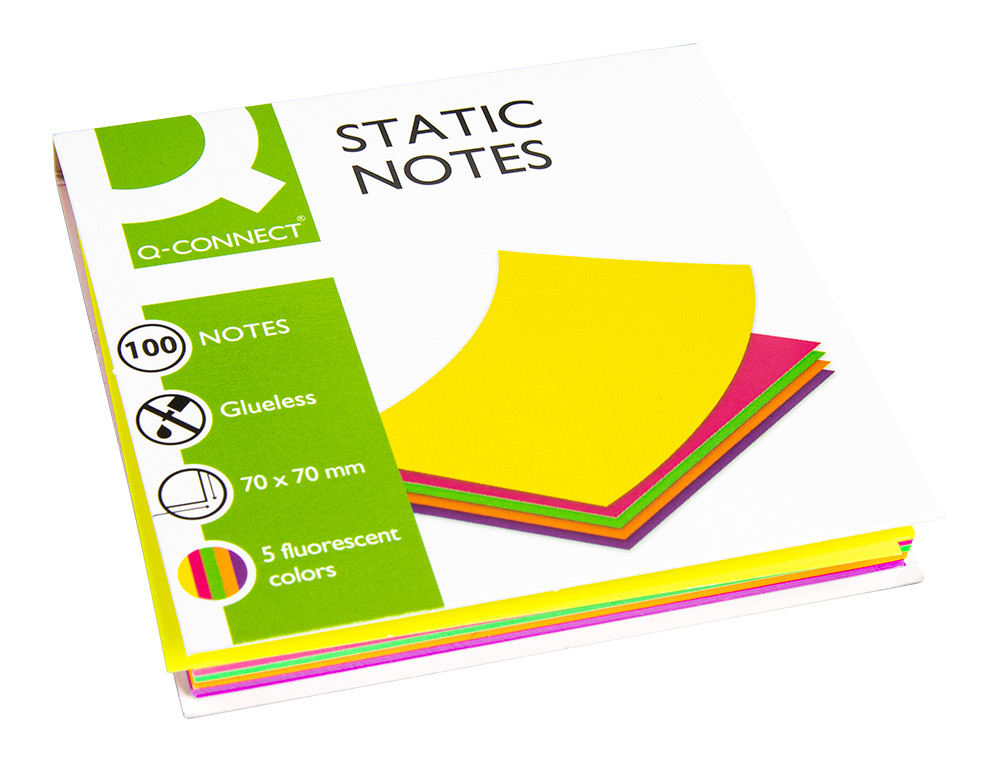 BLOC NOTES Q-CONNECT QUICK NOTES 70X70MM 100F ELECTRO STATIQUES REPOSITIONABLES COLORIS NEON