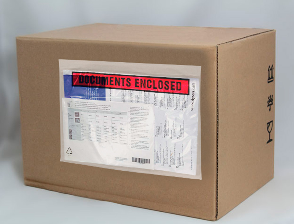 POCHETTE DOCUMENTS CI-INCLUS Q-CONNECT AUTO-ADHESIVE       TRANSPARENTE 165X122MM TEXTE  ANGLAIS PAQUET 100 UNITES