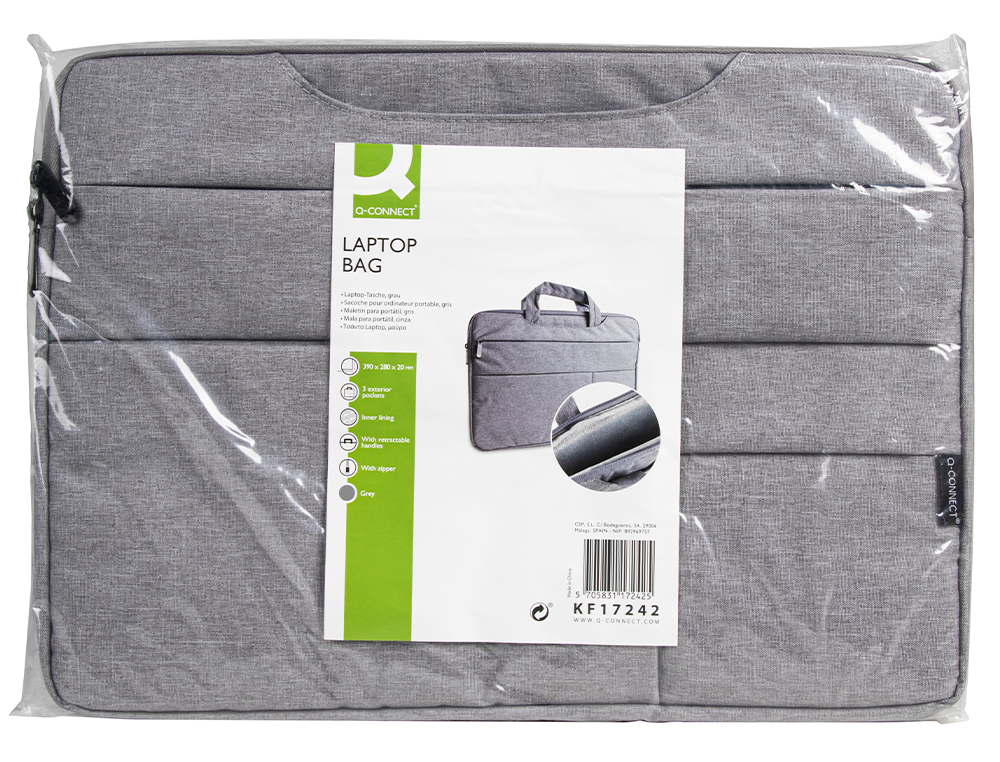 SACOCHE ORDINATEUR Q-CONNECT POIGNEES AMOVIBLES FERMETURE  ECLAIR COMPARTIMENTS EXTERIEURS 39X28X2CM GRIS CLAIR