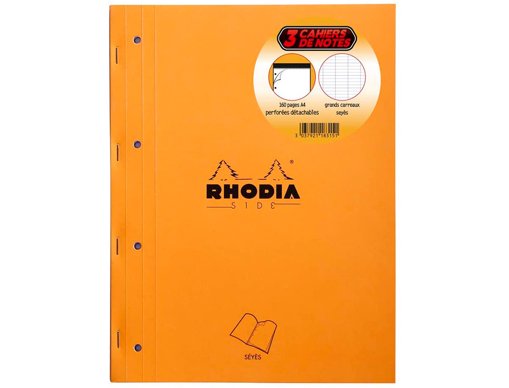 BLOC AGRAFE RHODIA A4+ 21X31,8CM 160 PAGES SEYES MICROPERFOREES DETACHABLES 4 TROUS LOT 3 UNITES