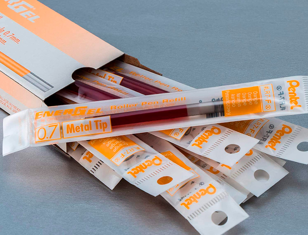 RECHARGE ROLLER PENTEL ENCRE GEL BL77 BL107 ENCRE FLUIDE DOUCE LUMINEUSE POINTE MOYENNE SECHAGE RAPIDE ORANGE