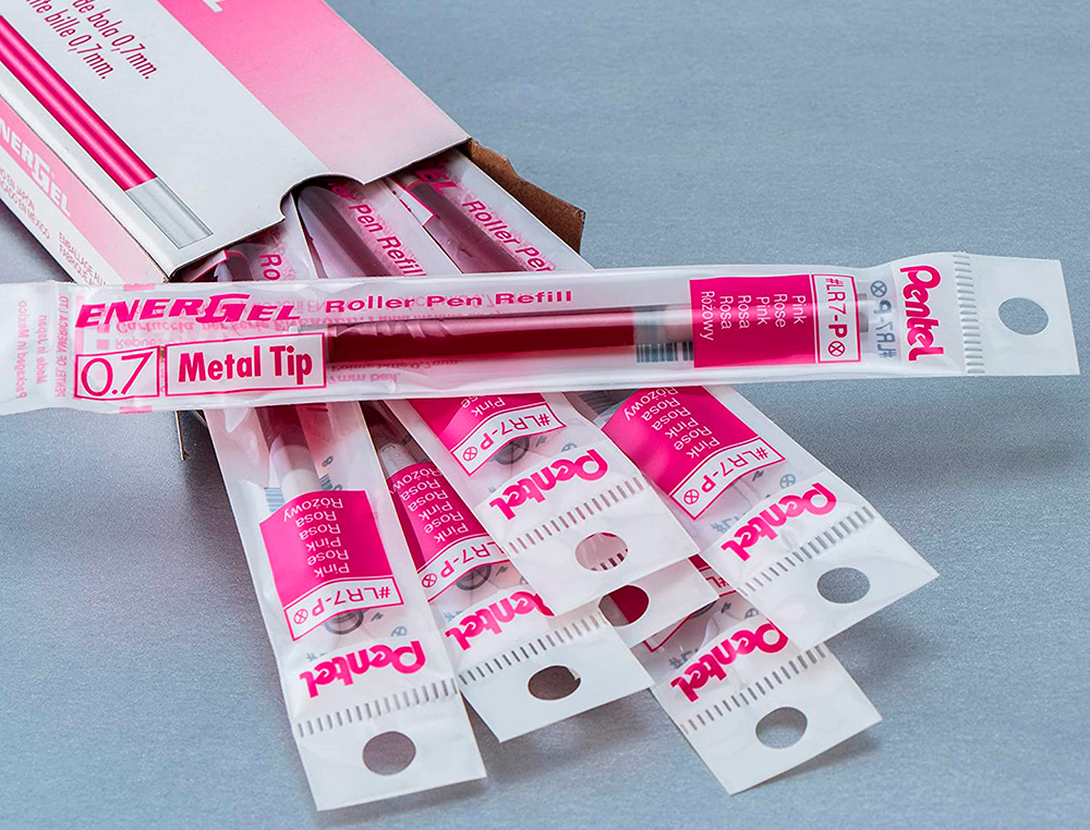 RECHARGE ROLLER PENTEL ENCRE GEL BL77 BL107 ENCRE FLUIDE   DOUCE LUMINEUSE POINTE        MOYENNE SECHAGE RAPIDE ROSE