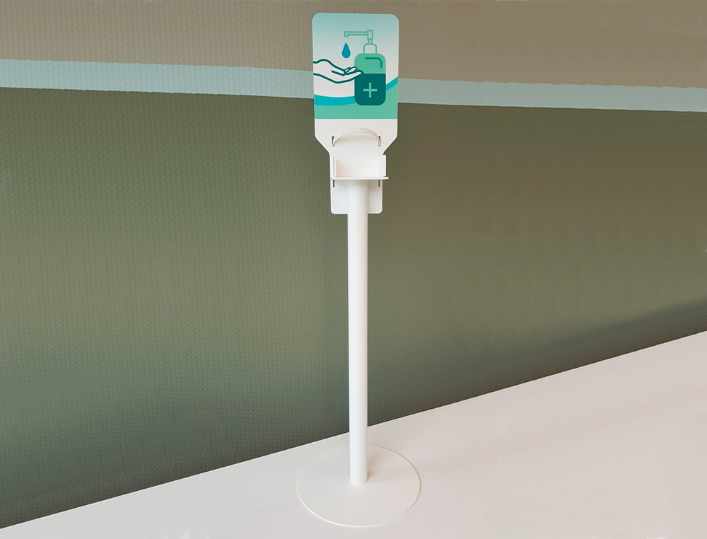 STATION DE DESINFECTION PAPERFLOW SOCLE EN ACIER MAINTIEN DU GEL HYDROALCOOLIQUE SANS ETAGERE COLORIS BLANC