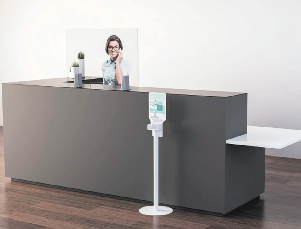 STATION DE DESINFECTION PAPERFLOW SOCLE EN ACIER MAINTIEN DU GEL HYDROALCOOLIQUE SANS ETAGERE COLORIS BLANC