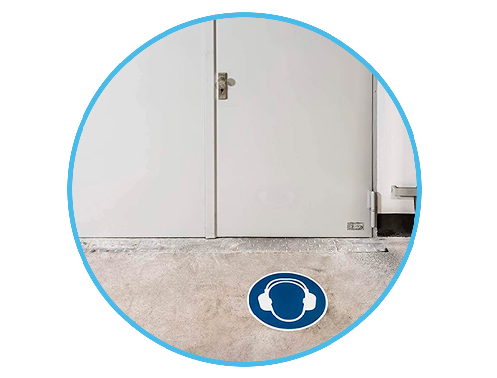 PICTOGRAMME AU SOL PROTECTION AUDITIVE OBLIGATOIRE DURABLE  ADHESIF ENTREPOTS CENTRES     DISTRIBUTION USINES DIAMETRE