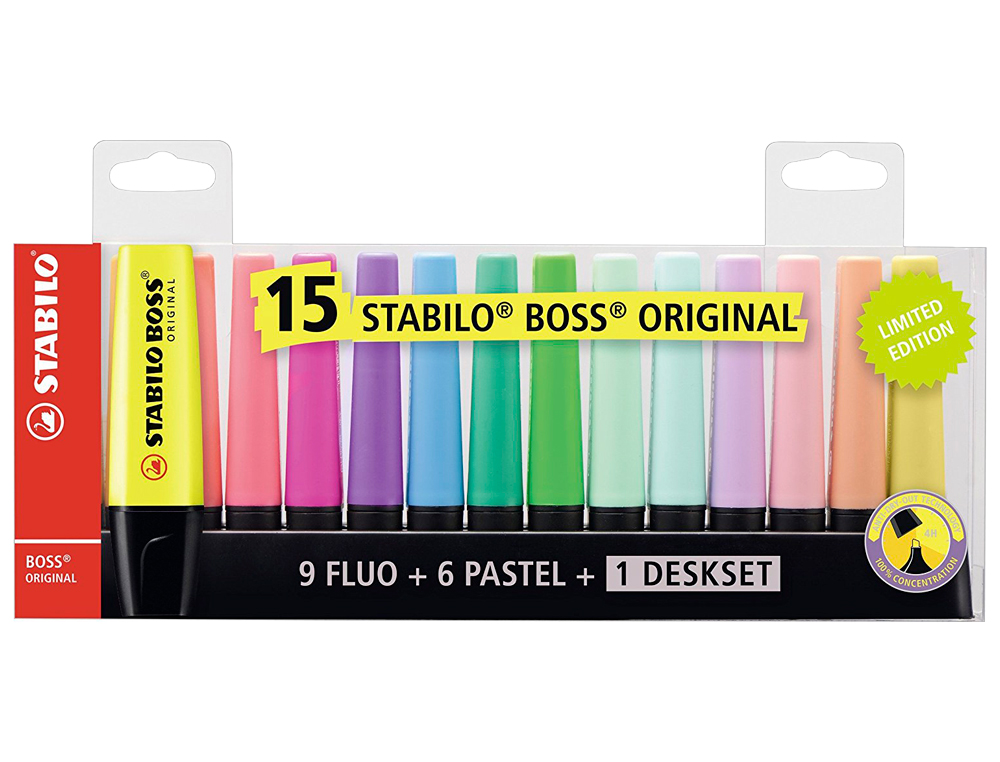 SURLIGNEUR STABILO BOSS ORIGINAL EDITION COLLECTOR    RECHARGEABLE POINTE BISEAUTEE TRACE 2/5MM DESKSET 15 UNITES