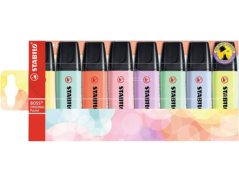 SURLIGNEUR STABILO BOSS ORIGINAL PASTEL ENCRE BASE EAU POINTE BISEAUTEE LARGEUR TRACE 2/5MM POCHETTE 8 UNITES