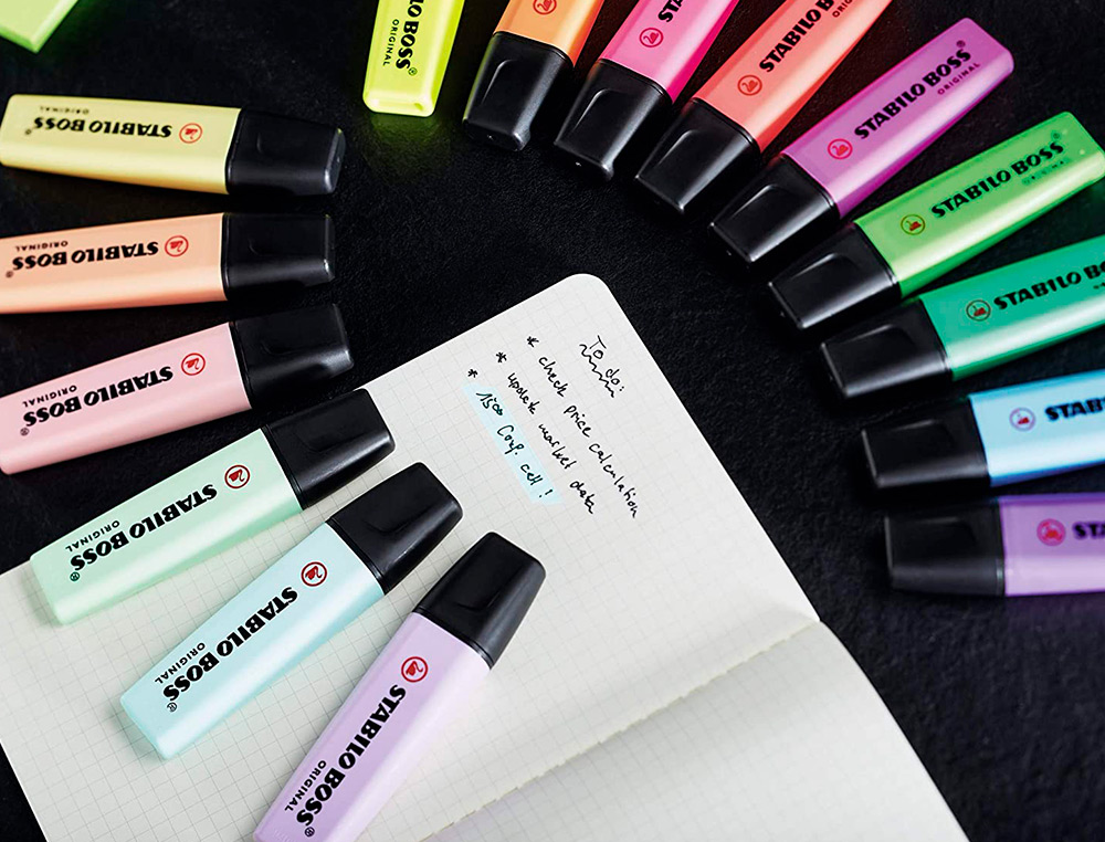 SURLIGNEUR STABILO BOSS ORIGINAL PASTEL ENCRE BASE EAU POINTE BISEAUTEE LARGEUR TRACE 2/5MM POCHETTE 8 UNITES