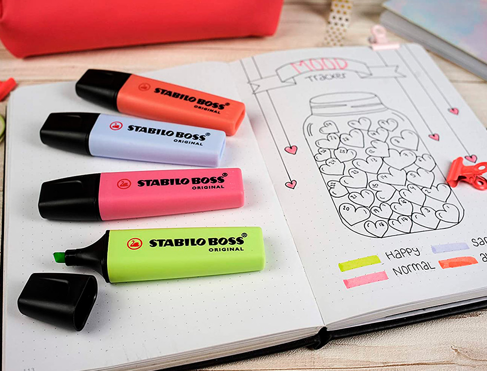 SURLIGNEUR STABILO BOSS ORIGINAL PASTEL ENCRE BASE EAU POINTE BISEAUTEE LARGEUR TRACE 2/5MM POCHETTE 8 UNITES