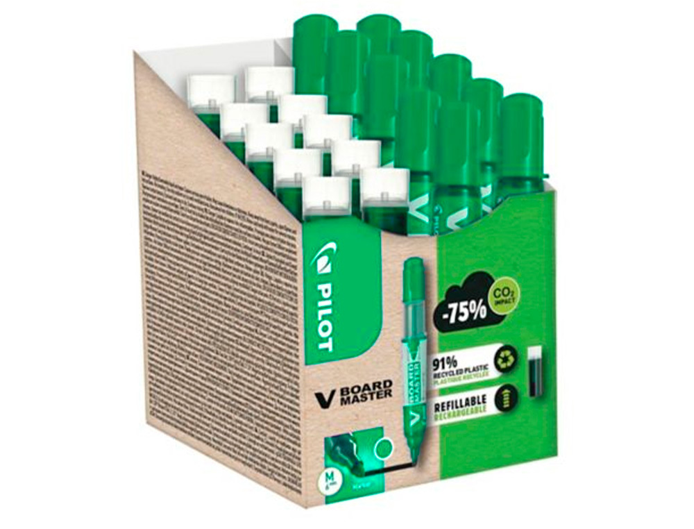 PACK PILOT V-BOARD MASTER 10 MARQUEURS EFFACABLES A SEC POINTE CONIQUE MOYENNE 10 RECHARGES 5 OFFERTES COLORIS VERT