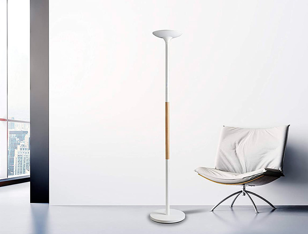 LAMPADAIRE UNILUX LED PRYSKA METAL LAQUE ET BOIS VARIATEUR 4000 LUMEN COLORIS BLANC/HETRE