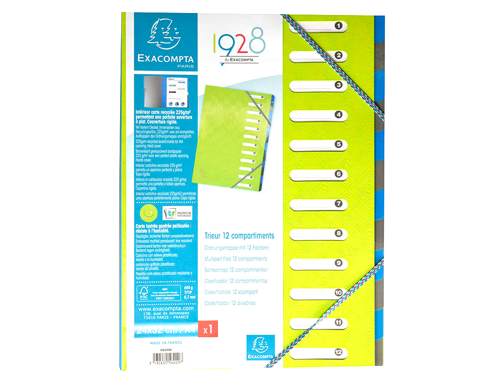 TRIEUR EXACOMPTA HARMONIKA 12 COMPARTIMENTS CARTE LUSTREE   EXTENSIBLE 24,5X32CM          ASSORTIMENT BLEU FRAMBOISE