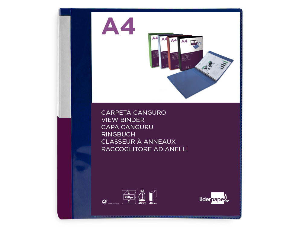 CLASSEUR KANGOUROU LIDERPAPEL 2 ANNEAUX EN D 25MM           POLYPROPYLENE 283X320MM       DOCUMENT A4 COLORIS BLEU
