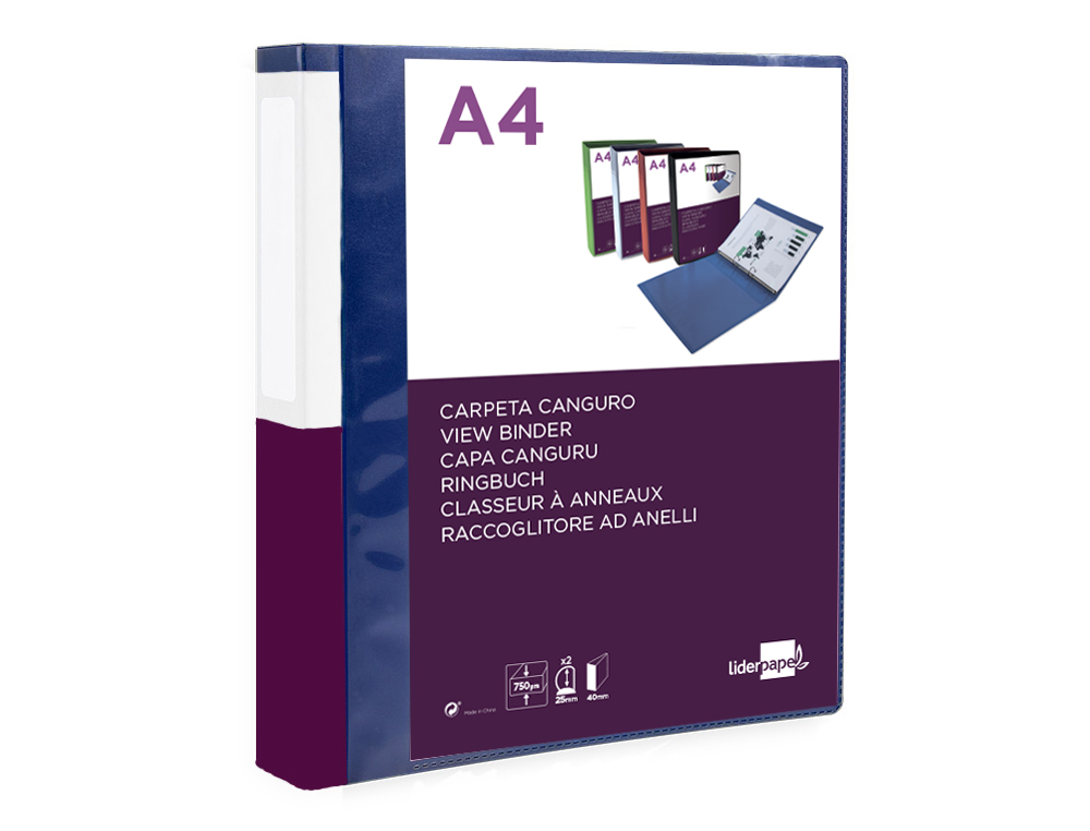 CLASSEUR KANGOUROU LIDERPAPEL 2 ANNEAUX EN D 25MM           POLYPROPYLENE 283X320MM       DOCUMENT A4 COLORIS BLEU