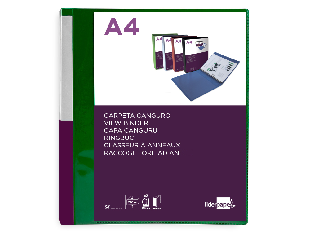 CLASSEUR KANGOUROU LIDERPAPEL 2 ANNEAUX EN D 25MM POLYPROPYLENE 283X320MM DOCUMENT A4 COLORIS VERT